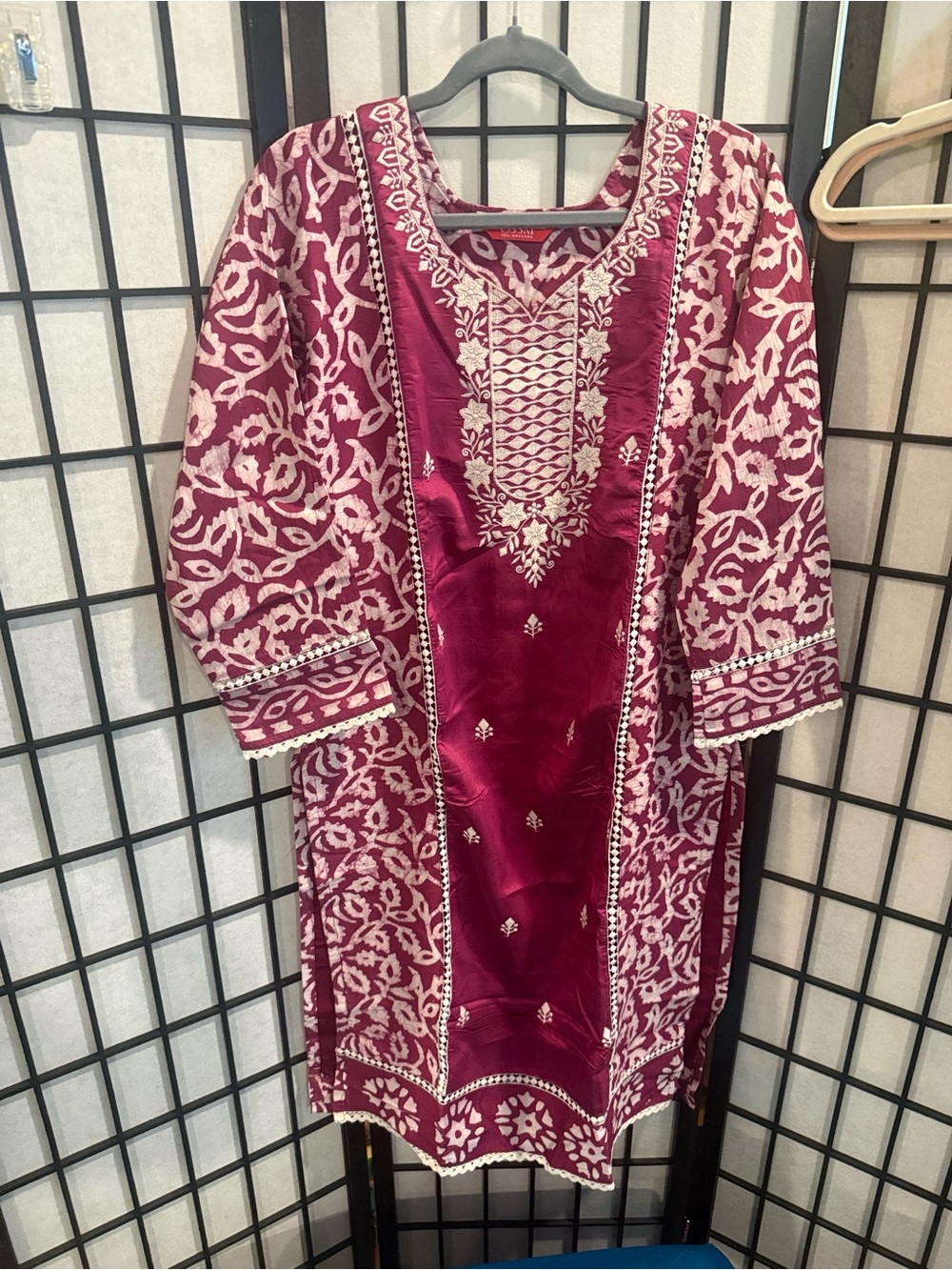 Magenta Embroidered Long Sleeve Tunic Dress